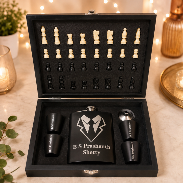 Stainless Steel Chess Set with Hip Flask & Shot Glasses
